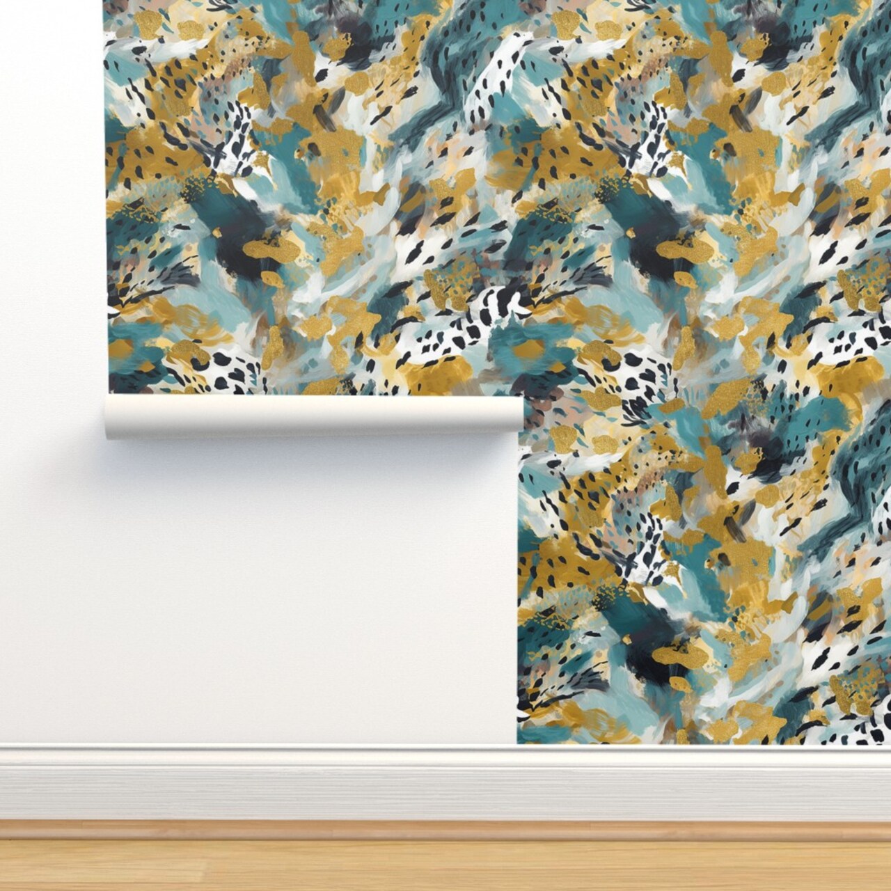Animal Print Watercolor Jungle Nature Teal Gold Custom Removable Wallpaper by Spoonflower Peel & Stick Wallpaper 2FT Wide